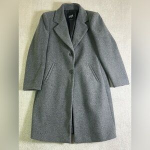 Zara Overcoat Long Jacket Women’s Large Gray Wool Blend 2 Button Notch Lapels
